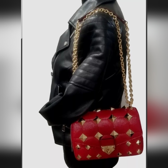 NWT!  MICHAEL KORS SOHO SMALL CRIMSON 🔥🔥 STUDDED CHAIN LEATHER SHOULDER BAG - Picture 3 of 14
